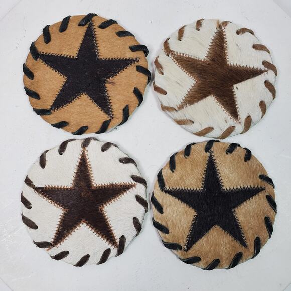 Cowhide Coaster Set of 4 Natural Cowhide Drink Coasters Hair Round Brazil 4.5" - Picture 1 of 8